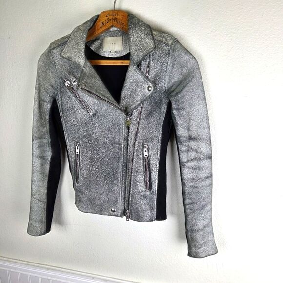 Women's IRO Ilaria Crack Leather Green White Lampskin Moto Zip Jacket Size 34 - Picture 2 of 12